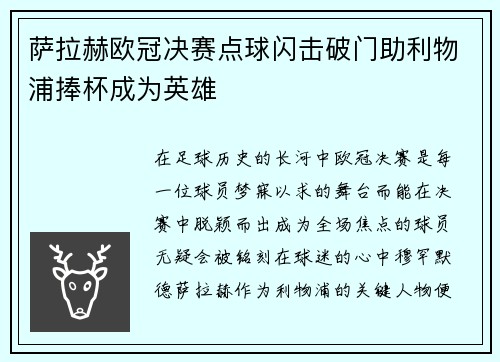 萨拉赫欧冠决赛点球闪击破门助利物浦捧杯成为英雄